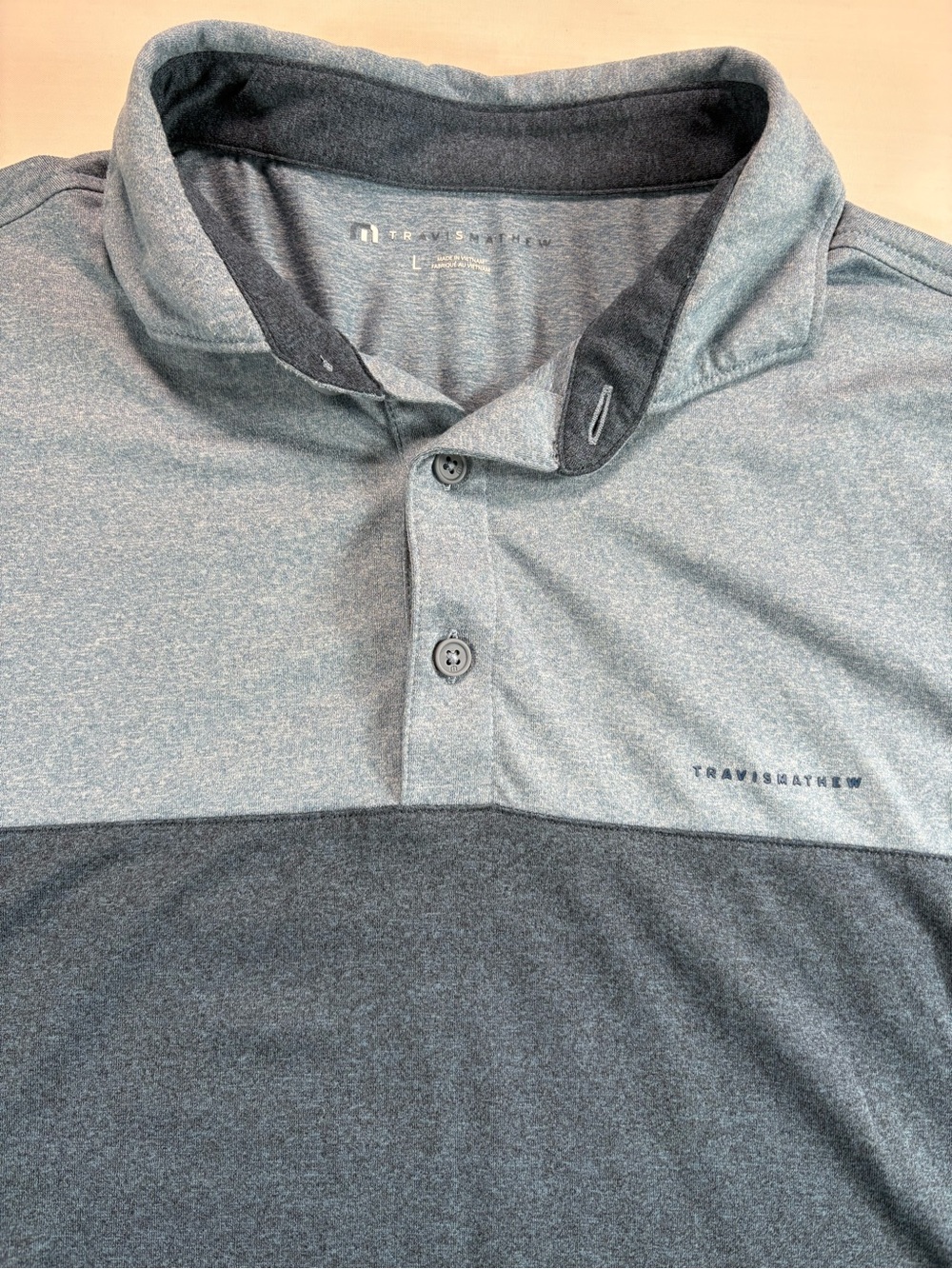 TravisMathew Mens L Short Sleeve Polo Shirt Colorblock Heathered Blue